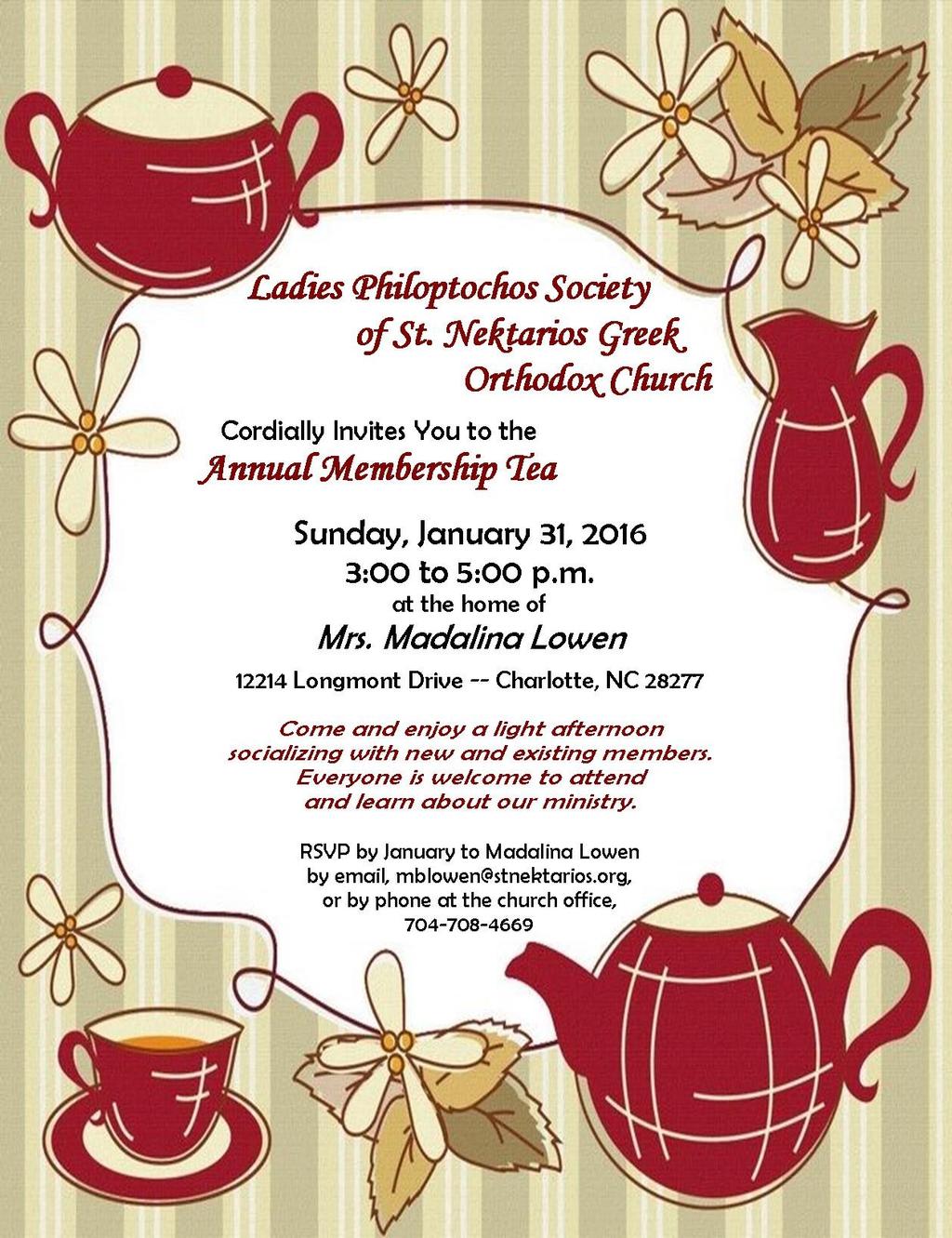 ) Sunday, January 31 Membership Tea see flyer for details Thursday, February 18 or 25 (tent) Health Fair details to follow Saturday, March 26 Lenten Service