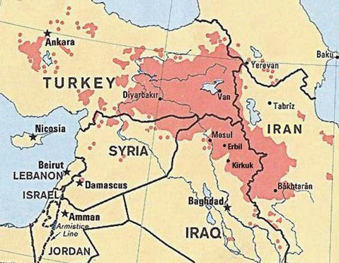 Appendix I: Map of Kurdish inhabited areas. This map shows areas of Iraq, Iran, Turkey, Syria and the former Soviet Union that are inhabited primarily by Kurds.