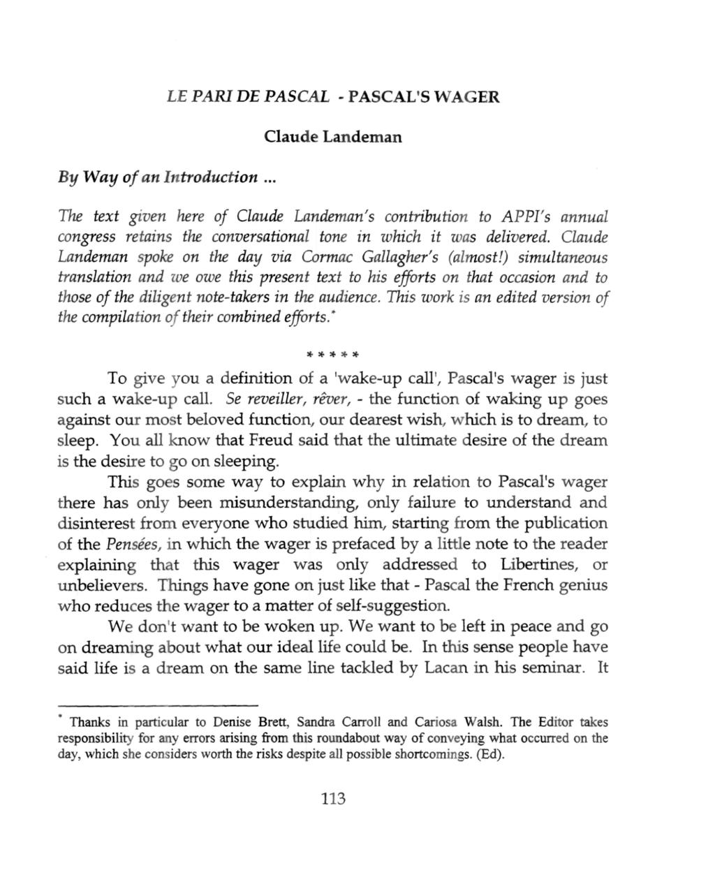 LE PARI DE PASCAL - PASCAL'S WAGER By Way of an Introduction.