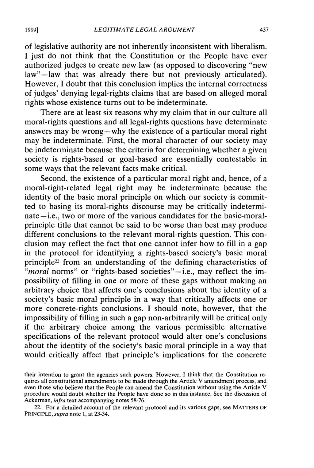 1999] LEGITIMATE LEGAL ARGUMENT 437 of legislative authority are not inherently inconsistent with liberalism.
