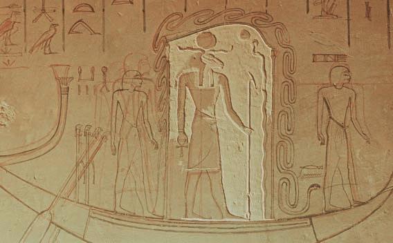 The sun god, Re, makes his night journey in this drawing and relief from the tomb of Horemheb in Egypt, c. 1300 B.C. SOURCE 3 The ancient Egyptians had several creation myths.