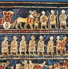 The Standard of Ur The Standard of Ur was found in a grave in the Royal Cemetery at Ur. The Standard has two main panels titled War and Peace. The War panel, shown here, depicts a Sumerian army.