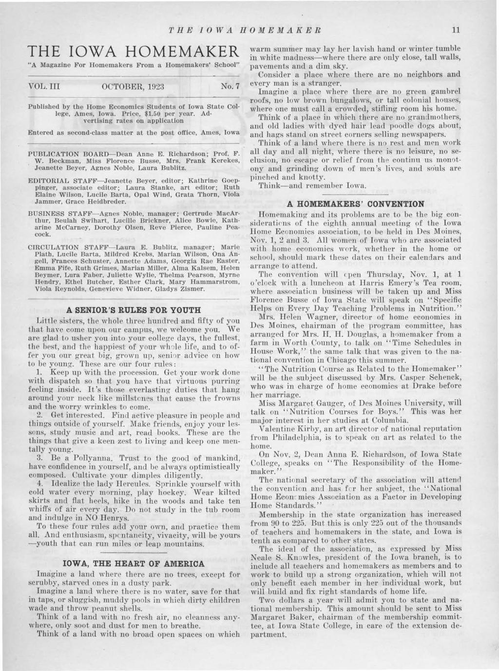 THE OWA HOMEMAKER "A Magazne For Homemakers From a Homemakers' School" VOL. OCTOBER, 1923 No. 7 Publshed by the Home Economcs Students of owa State College, Ames, owa. Prce, $1.50 per year.
