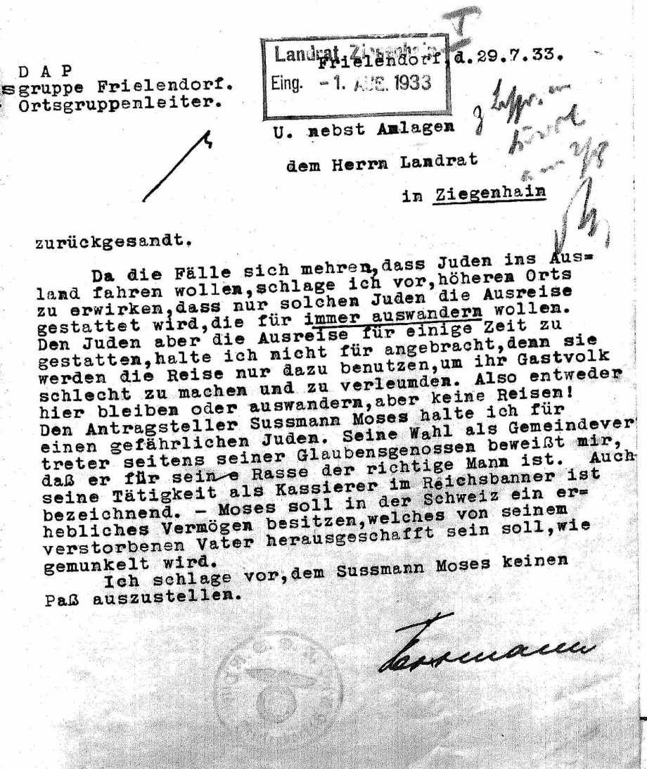 How Sussmann Moses really escaped is not yet known. The couple and Ernestine Moses (daughter?) were noted as moved away from Frielendorf on 19 Apr 1934.