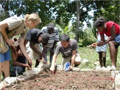 (Sustain Haiti volunteers training quake survivors in Square Foot Gardening) Last week, after disembarking from the plane, we drove through countless tons of rubble along both sides of the streets