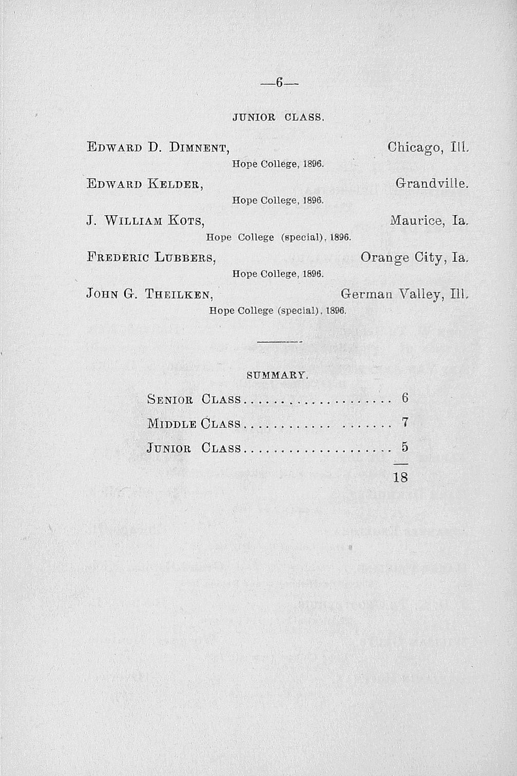 6 JUNIOR CLASS. Edward D. Dimnent, Chicago, 111. Hope College, 1896. Kelder, Edward Kots, G-randville. J. William Maurice, Hope College, 1896. Hope College (special). 1896. la.