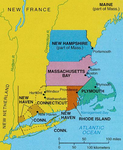 New England Spreads Maine in 1623 Absorbed by Mass. In 1677 New Hampshire in 1629 Absorbed by Mass.