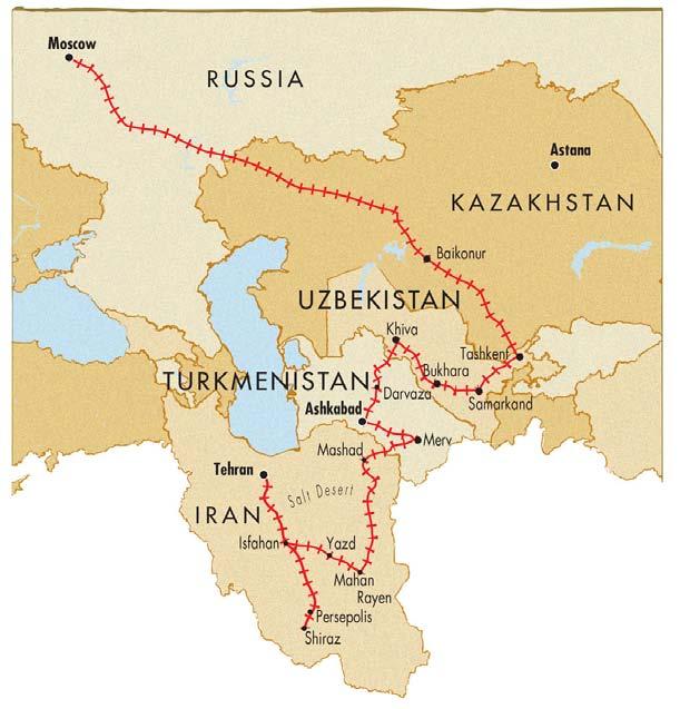 Daily Itinerary Day 1!! Arrive Moscow, Russia Day 2!! Moscow board the Golden Eagle private train Day 3!! En route aboard the train Day 4!! Baikonur, Kazakhstan Day 5!! Tashkent, Uzbekistan Day 6!