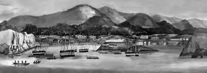 Whaleships and French men-of-war at anchor in Nuku Hiva harbor, Typee Bay, Marquesas Islands, 1842. The French were taking possession of the islands when Melville and Toby Greene jumped ship in July.