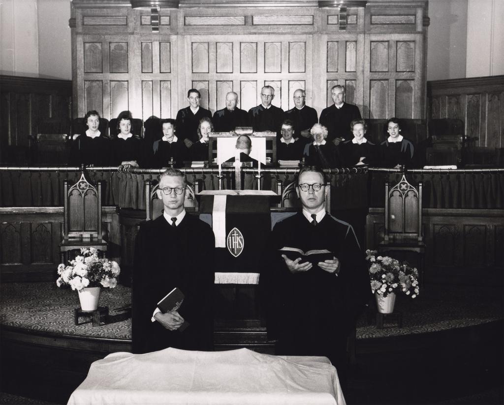7 Rev. James Bennett (shown in a church archives photo standing on the right with the open hymnal) was installed on September 8, 1957.