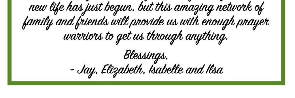 Blessings, ~Jay, Elizabeth, Isabelle and Ilsa Attendance: Early Late Sept 27 54 86 Oct 4 36 86 Oct 11 37 80 Oct 18 36 78 Oct 25 29 83 General