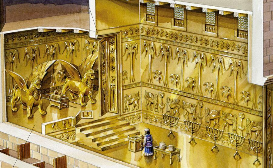 In the Most Holy Place of Solomon s temple were two cherubim made of olivewood (overlaid with gold) (2 Chron. 3:10) Both cherubim stood ten cubits high.
