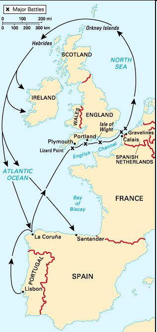 Spanish Armada -1588 Great and Most Fortunate Navy Transport 55,000 men to invade England (30,000 already in Spanish Netherlands).