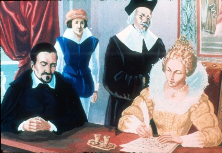 Madame de Gondi signs document to