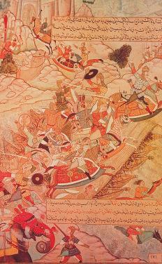 In the battle scene shown here, Mongol troops storm across the Chang Jiang on a bridge made of boats. After conquering northern China, what areas did the Mongols attack?