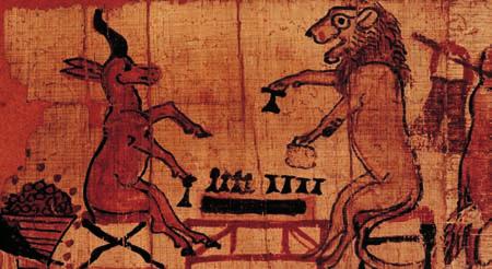 18 1: THE FIRST CIVILIZATIONS An Egyptian papyrus showing an antelope and a lion in a game of chess; a playful scene from daily life. The British Museum.