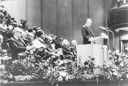 Our Heritage The first area conference of the Church was held in England in August 1971 under the direction of President Joseph Fielding Smith. Elder Howard W. Hunter is at the podium.
