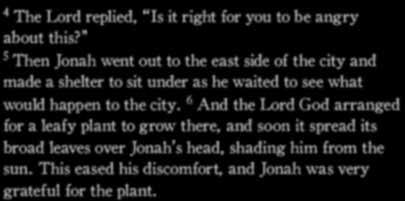 Jonah 4:4-6 (NLT) 4 The Lord replied, Is it right for you to be angry about this?
