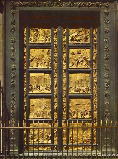 Eastern Door of Florence Baptistry Gilded Bronze, 1425-52. Reproduction. This is the masterpiece of Ghiberti, who worked on it for 27 years The door has ten panels depicting Biblical scenes.