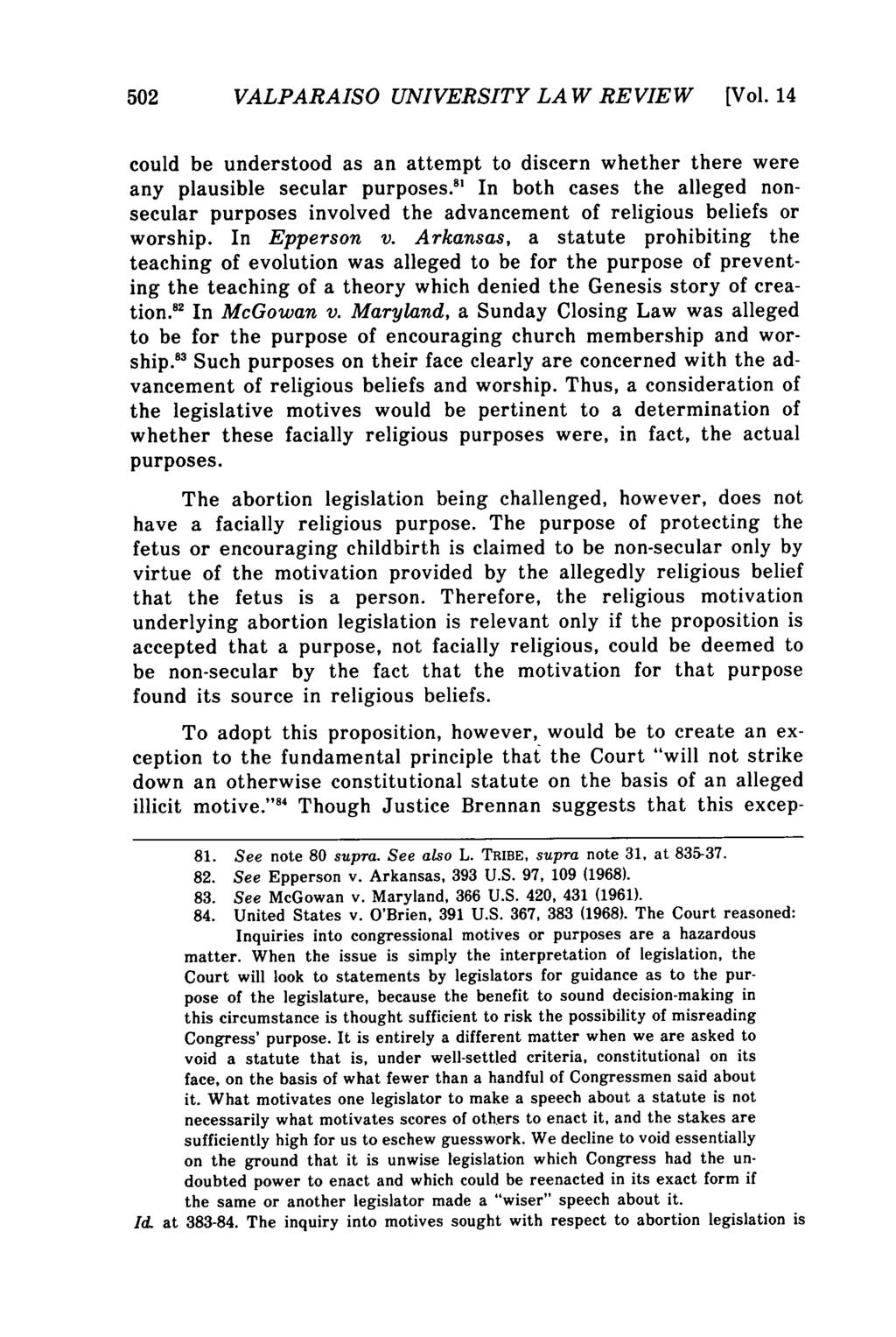 Valparaiso University Law Review, Vol. 14, No. 3 [1980], Art. 4 502 VALPARAISO UNIVERSITY LAW REVIEW [Vol.
