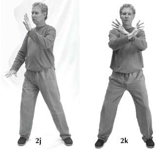 Tai Chi Easy Movement 2 -- Brush Knee, Send Qi (Chi) Figure 2k. At the conclusion of Brush Knee, Send Qi, the upper (left) hand is sending Qi, the lower hand (right) is palm down.