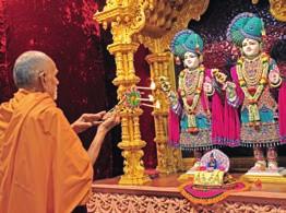 The divine inspiration of Devotees visit the mandir for darshan Pramukh Swami Maharaj is being felt through the spiritual activities and vicharan of sadhus.