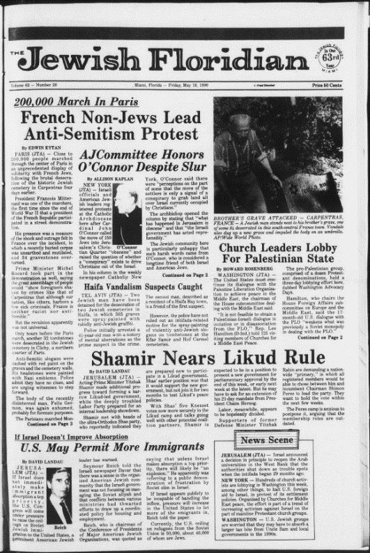 The Jewish Floridian was established in 1927 by J. Louis Shochet. Its founding paralleled the growth of the Jewish community in Florida.