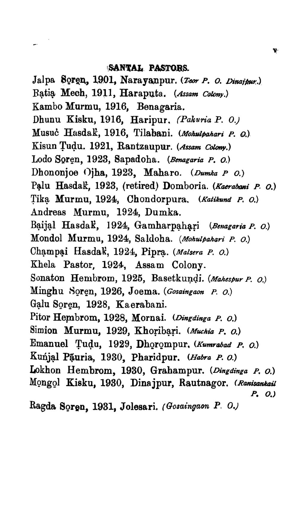 \.SiANfAL. PASroBS. Jalpa 8Qr~D., 1901, Narayanpur. ('Ceqr P. O. Dina;/nW:.) B~ti~ Mech, 1911, Haraputa. (Assam Colon,J.) Kambo Murmu, 1916, Benagaria. Dhunu Kisku, 1916, Haripur. (Pak'uria P.O.) Husue HnsdaK, 1916, Tilabani.