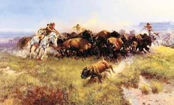 Painting by Charles M. Russell, western artist (1864-1926). Huge herds of buffalo (bison) wandered over the grasslands of the Great Plains.