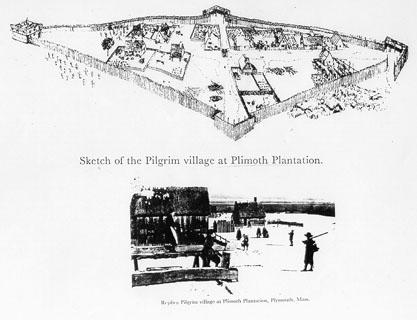 Image 3: Reconstructed sketch of the "Pilgrim Village" at Plimoth Plantation, Plimoth Plantation Museum, no date. Plimouth Plantation Museum. Used with permission.