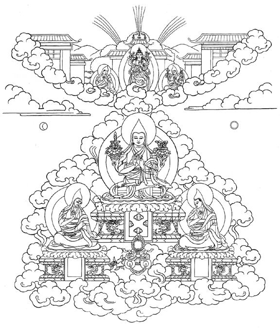 Je Tsongkhapa with his two main disciples in Tushita Heaven Victory Over Evil Meditation on Vajrabhairava by Kyabje Phabongkha Dechen Nyingpo compiled and