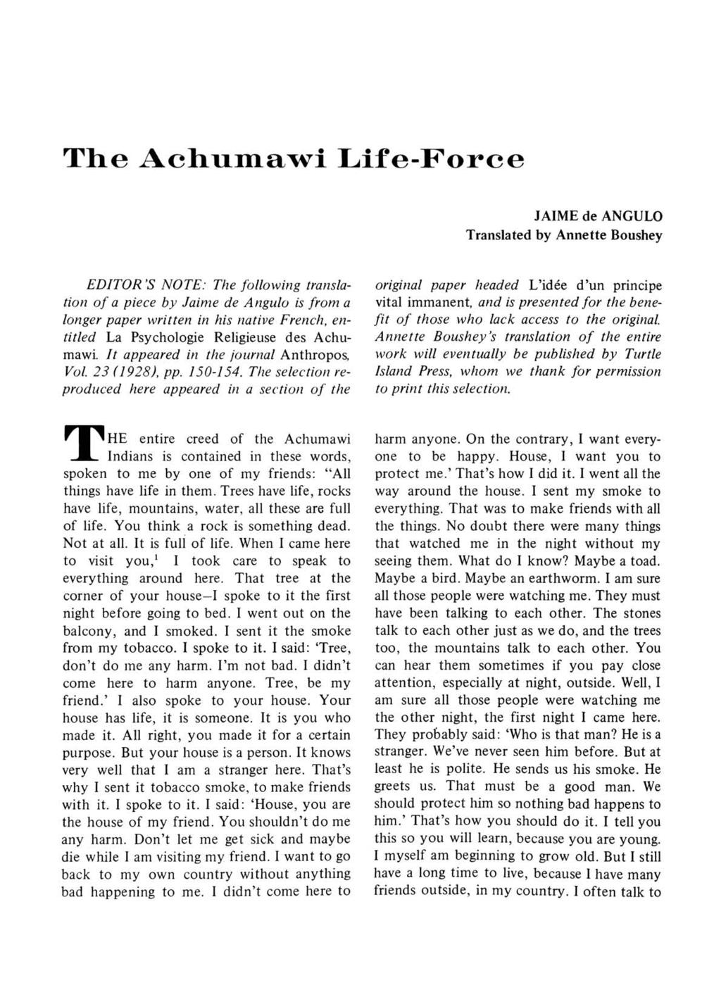 The Achnmawl Life-Force JAIME de ANGULO Translated by Annette Boushey EDITOR'S NOTE: The following translation of a piece by Jaime de Angulo is from a longer paper written in his native French,
