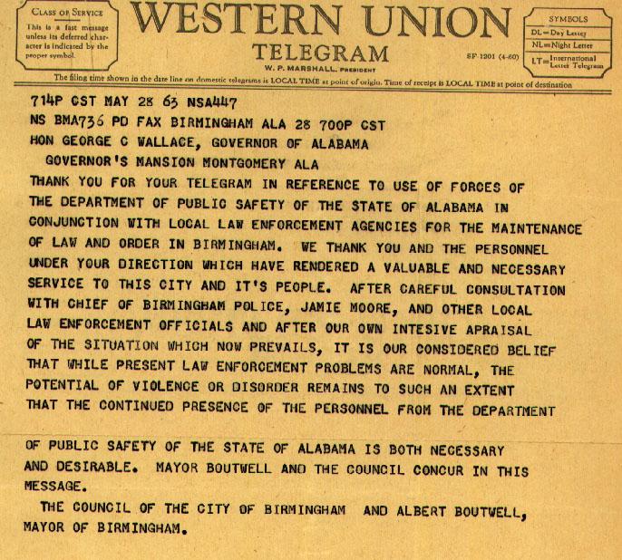DOCUMENT #5 Source: "Telegram from Mayor Boutwell, 05/28/63," Alabama Governor Wallace