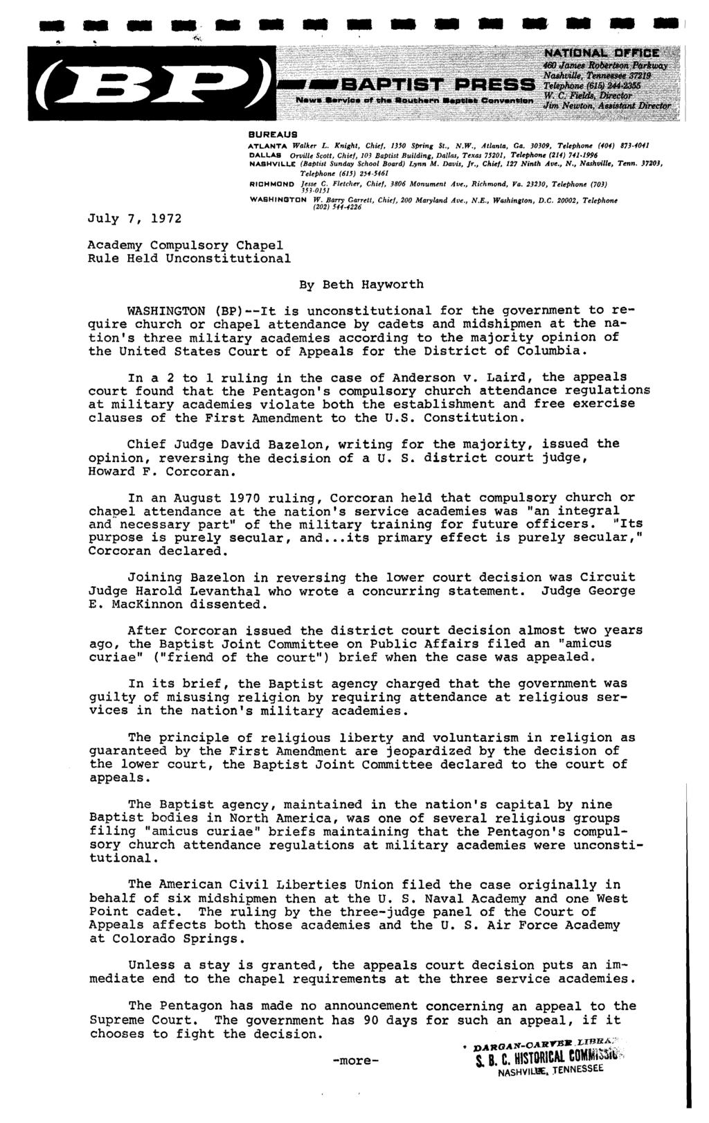 - - - _" - -.. - - - - - - - _I July 7, 1972 BUREAUS Academy Compulsory Chapel Rule Held Unconstitutional ATLANTA Walker L. Knight, Chief, JJ'O Spring St., N.W., Atlanta, Ga.