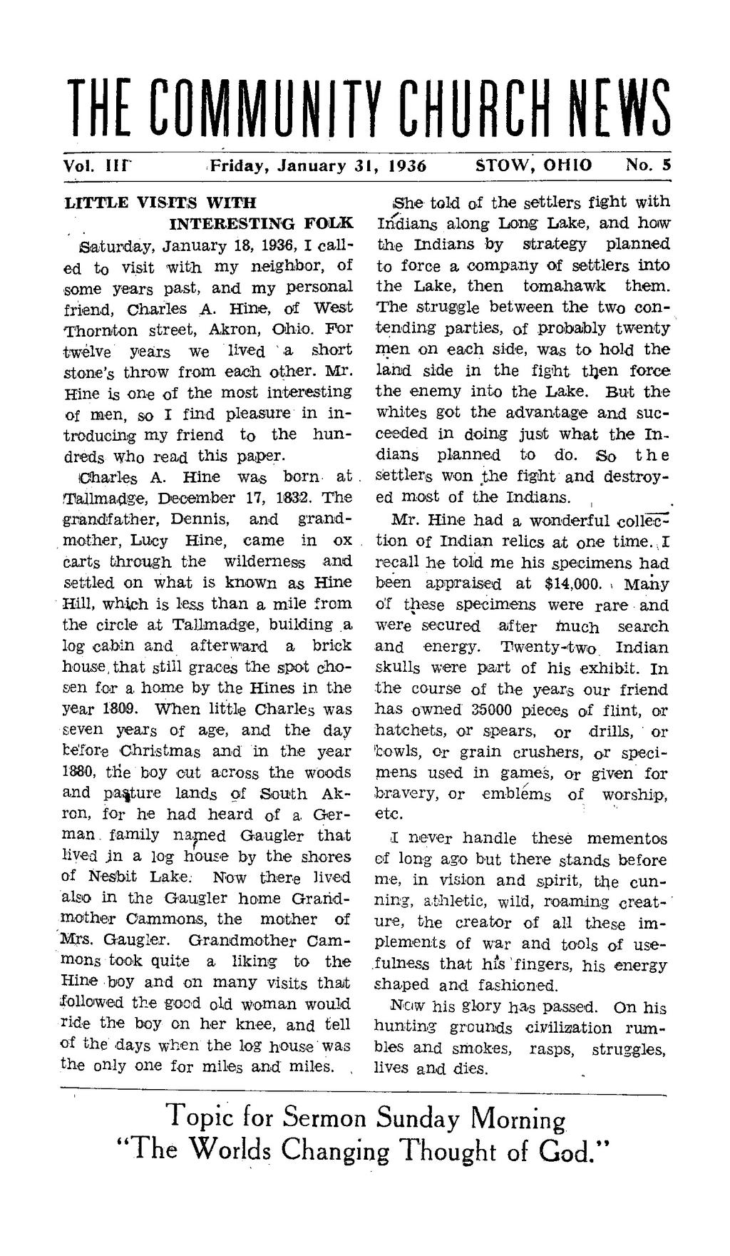 THE COMMUNITY CHURCH NEWS Vol. IIP Friday, January 31, 1936 STOW, OHIO No.
