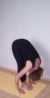 Step 9: Pada Hastasana While exhaling bring the left foot forward next to the right foot and reach down with your upper body to touch the forehead to the knees as in step 2.