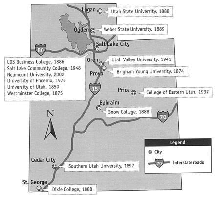 Slide 4 Utah s First Universities 1850 University of Deseret (University of Utah) Salt Lake City 1874 Timpanogos University (Brigham Young University) Provo 1875 Salt Lake