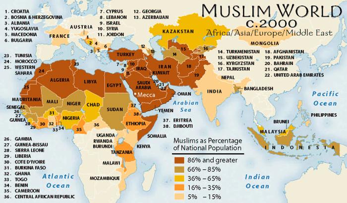 Muslim Countries of Africa/Asia/Middle East/South East Asia: Circa 2000 Today there are nearly 65 states or countries with significant or majority populations who are Muslim.
