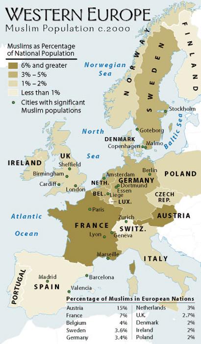 Western Europe: Muslim Population Circa 2000 It is estimated that 35 to 50 million Muslims live currently in Western and Eastern Europe, although no reliable statistics are available.