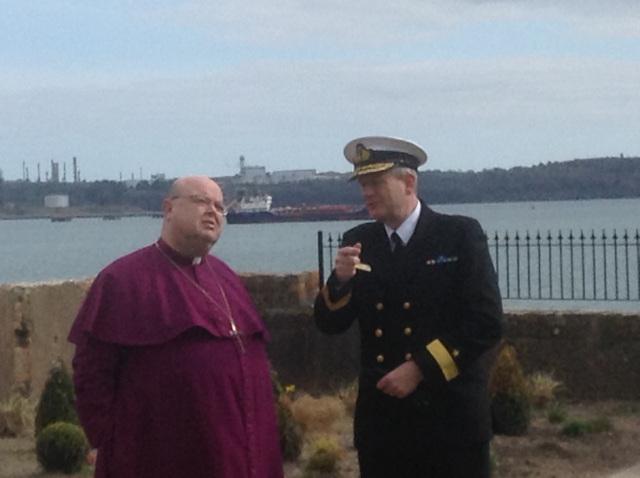 The Bishop of Cork, Cloyne and Ross, Dr Paul Colton, chats after the dedication with Commodore Hugh Tully, Flag Officer Commanding the Irish Naval Service.