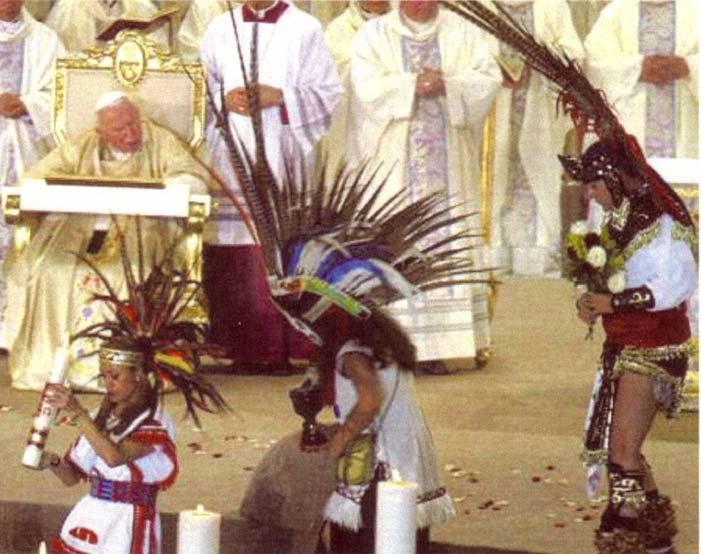Indians danced before the altar wearing headdresses and breastplates and some left their midriffs exposed.