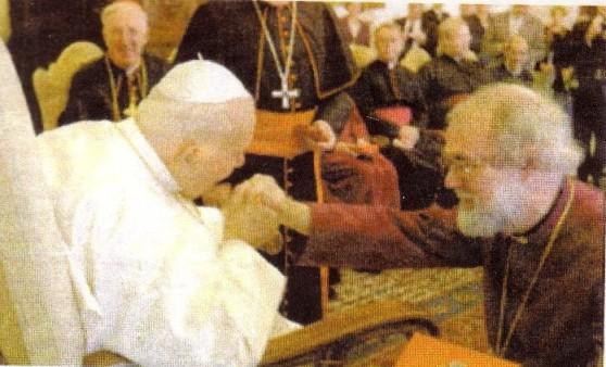 The Heresies of John Paul II 210 On May 29, 1982, in the Anglican Cathedral John Paul II knelt in a "prayer of interfaith" with the "Archbishop" of Canterbury, Robert Runcie, thus mocking the