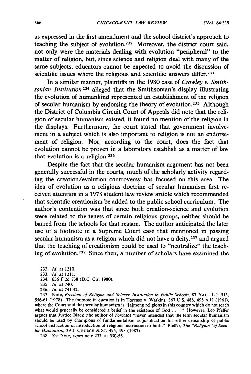 CHICAGO-KENT LAW REVIEW [Vol. 64:335 as expressed in the first amendment and the school district's approach to teaching the subject of evolution.