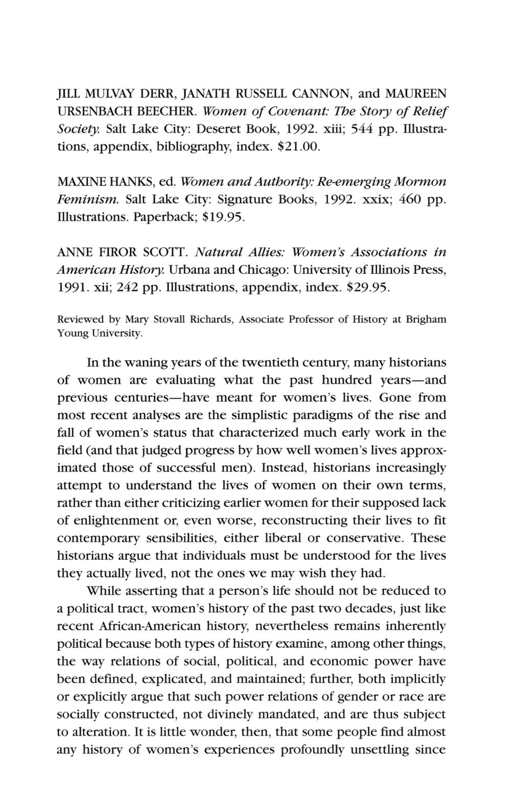 Richards: <em>women of Covenant: The Story of Relief Society</em> by Jill M JILL MULVAY DERR JANATH RUSSELL CANNON and MAUREEN ap illustra- URSENBACH BEECHER women of covenant the story of relief
