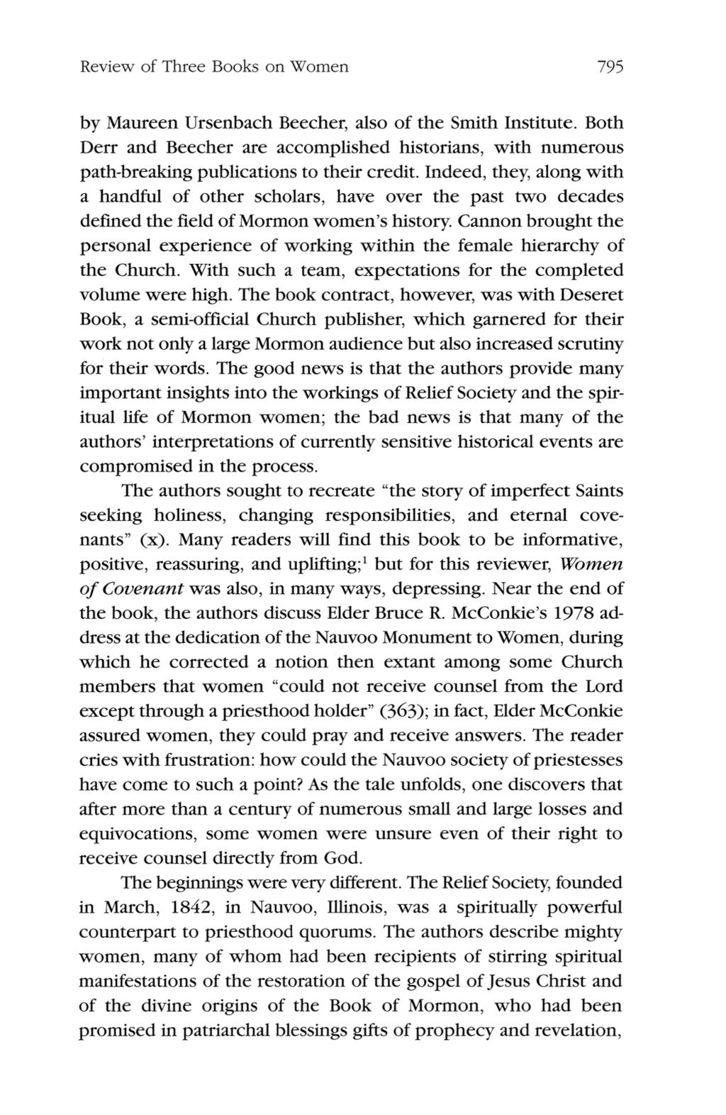 Richards: <em>women of Covenant: The Story of Relief Society</em> by Jill M review of three books on women 795 by maureen ursenbach beecher also of the smith institute both derr and beecher are