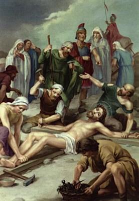 The Eleventh Station Jesus is Nailed to the Cross They stretched Him out on His deathbed and His executioners pierced His hands and feet. He and His cross are one.