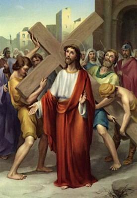 The Second Station Jesus Receives the Cross A heavy wooden cross is placed upon the bruised and torn shoulders of Jesus.