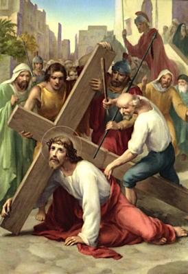 The Third Station Jesus Falls the First Time Under the weight of the cross, Jesus falls the first time. In His agony, He is whipped and pushed and forced to get up and continue.