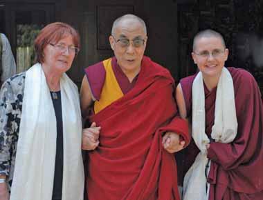 Left: His Holiness the Dalai Lama with Geshe Kelsang Wangmo and her mother, Dharamsala, India, April 2011.