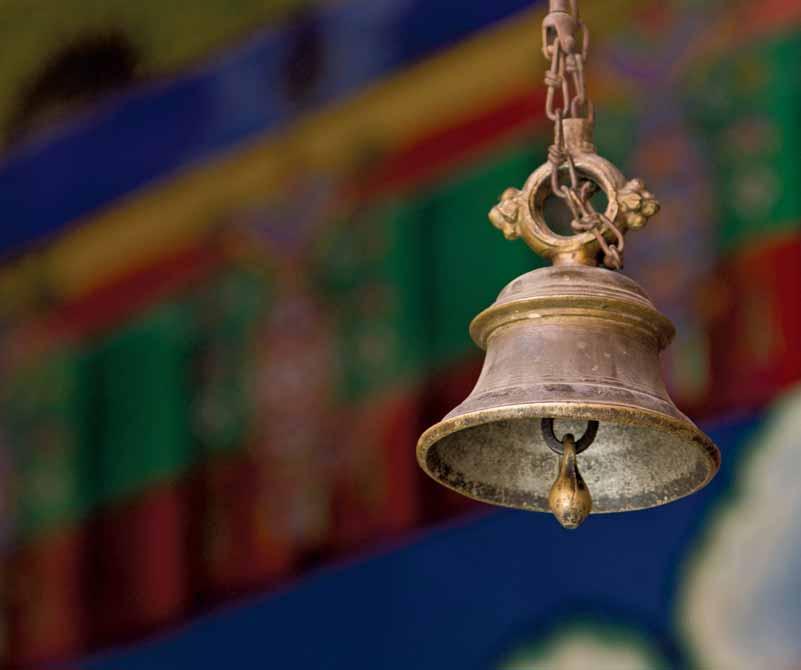 Clockwise: Tibetan Bell by Sergemi; Mayra Rocha Sandoval, Mexico City, July 2013; Mayra s gompa, where she completed an in-house three-year lam-rim retreat.